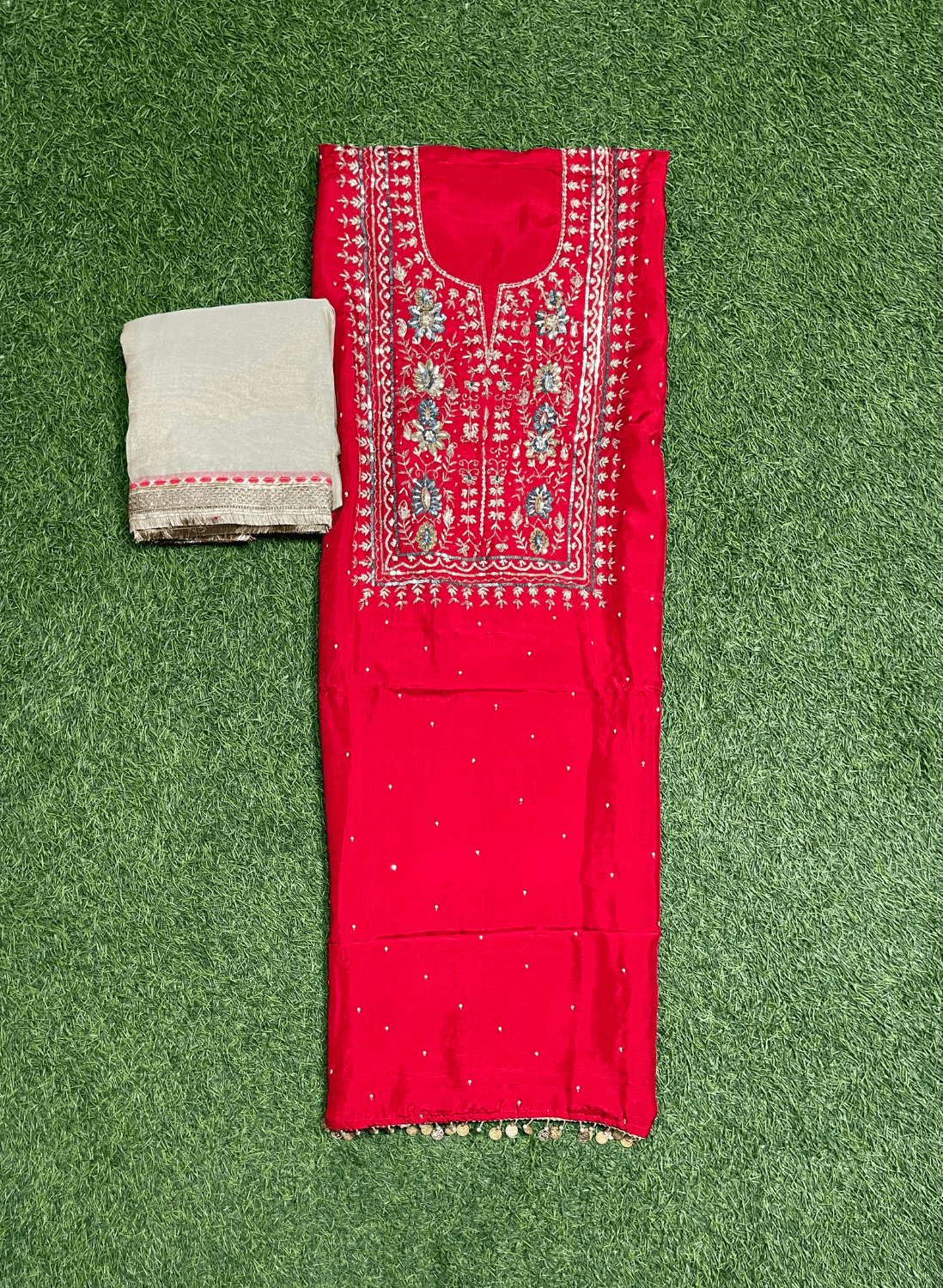 FS317 | Red and Cream | Raw Silk Suit | Party Wear | Wedding | Jaggo | Festival|