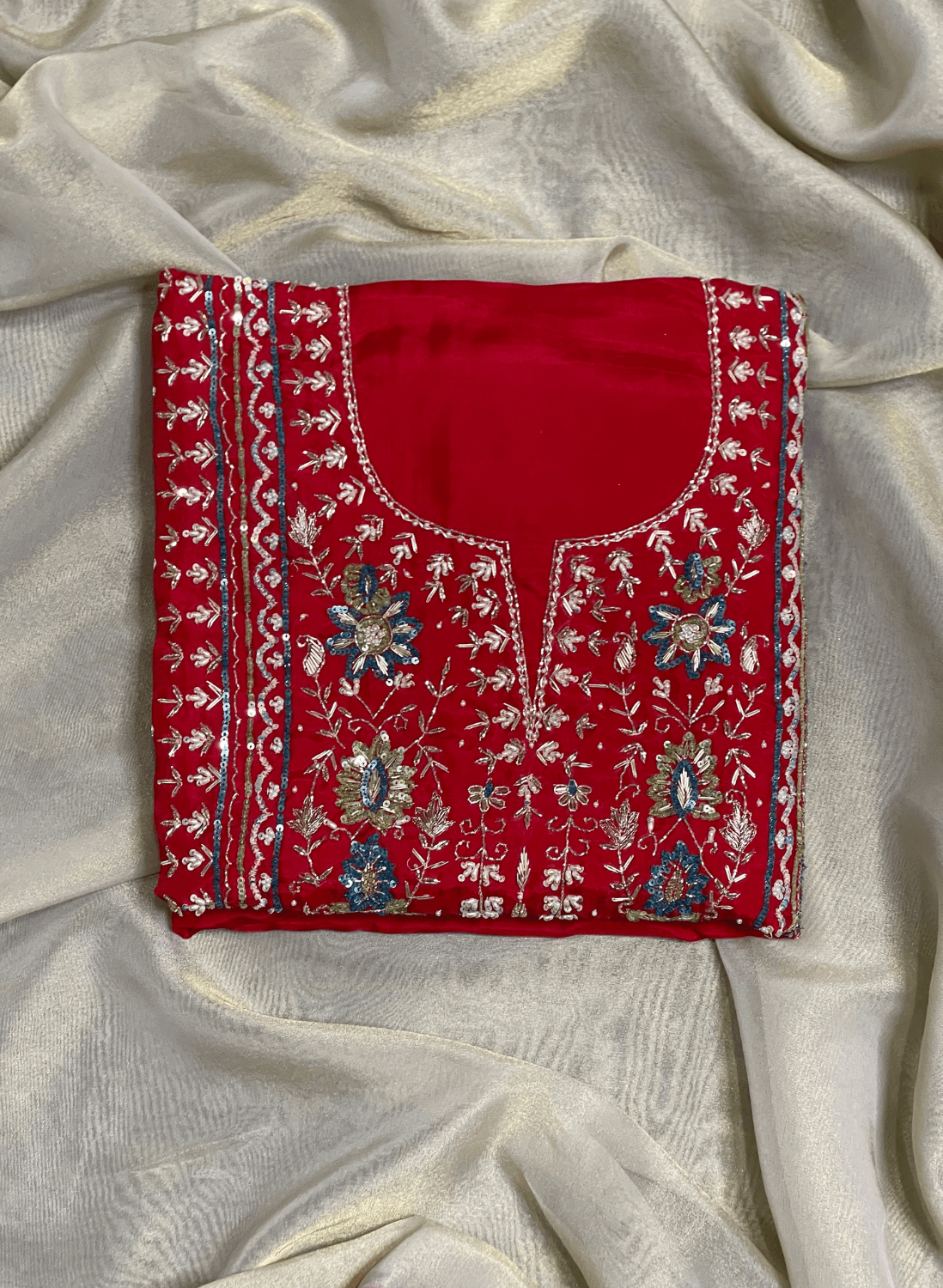 FS317 | Red and Cream | Raw Silk Suit | Party Wear | Wedding | Jaggo | Festival|