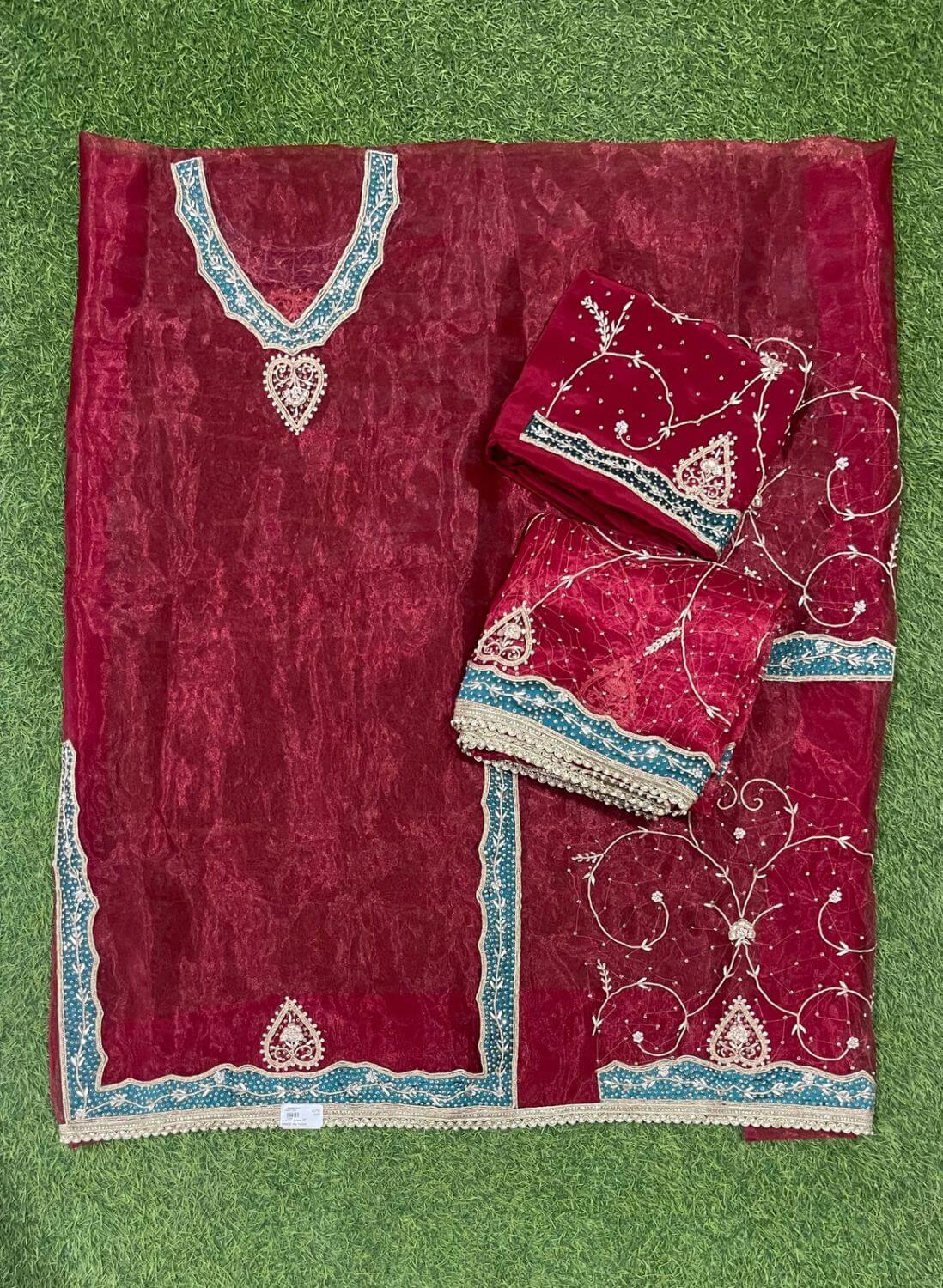 FS142 | Red Pure Organza Suit | Party Wear | Wedding | Jaggo | Ring Ceremony | Festival |