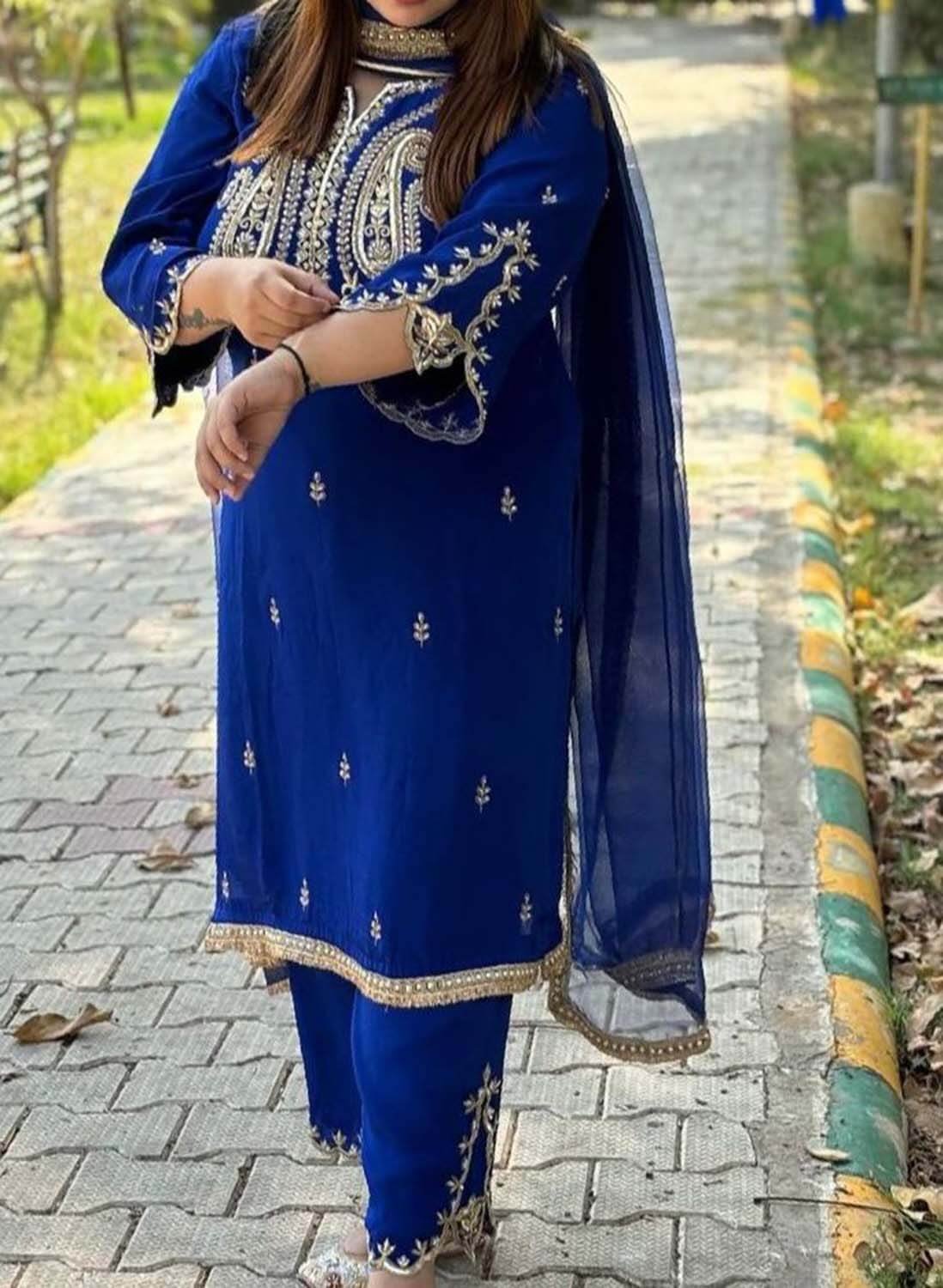 Royal Blue Crepe Suit | Party Wear | Wedding | Jaggo | Ring Ceremony | FestivalFS308