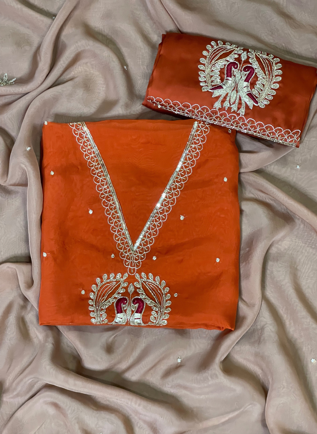 FS722 | Rust | Organza Suit| Party Wear | Wedding | Jaggo | Ring Ceremony | Festival |