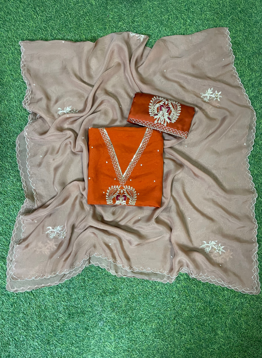 FS722 | Rust | Organza Suit| Party Wear | Wedding | Jaggo | Ring Ceremony | Festival |