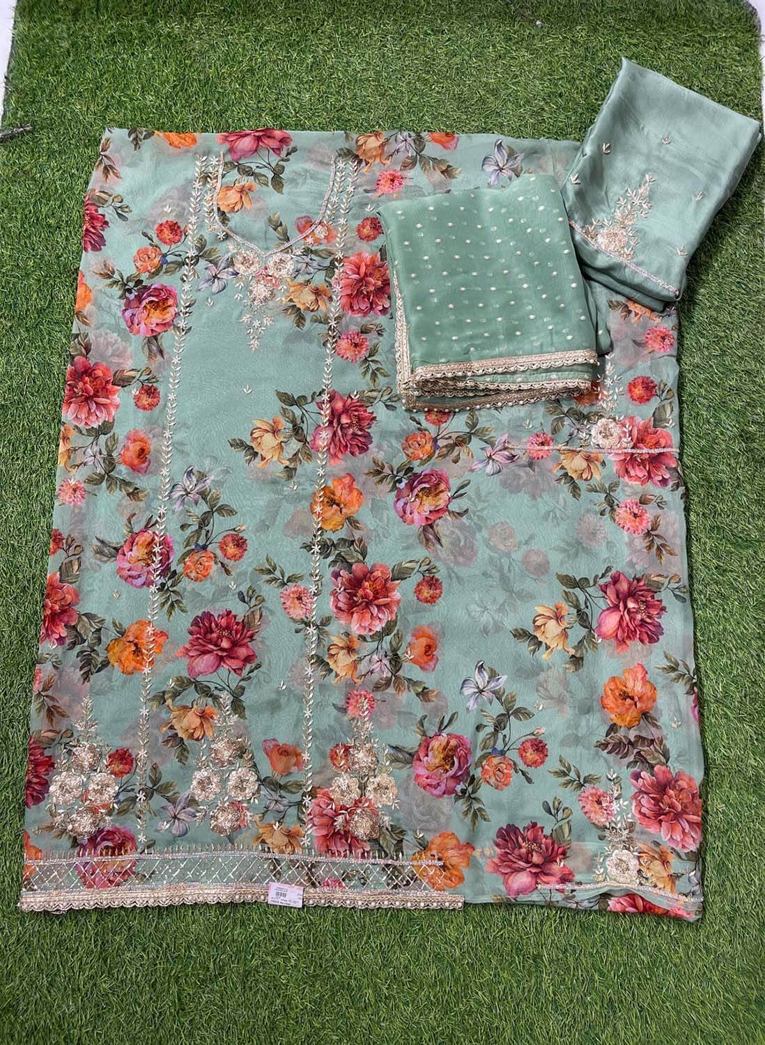 Light Sea Green | Printed Suit | Party Wear | Wedding | Jaggo | Ring Ceremony | Festival |