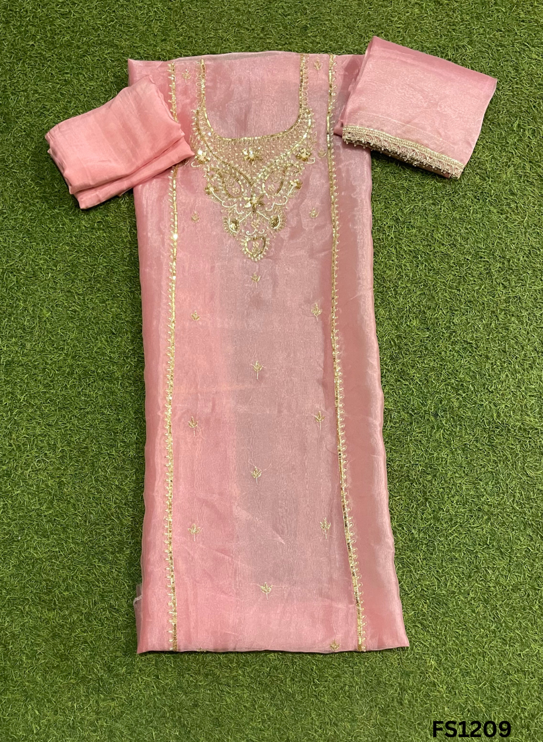 FS1209 | Peach | Glass Shimmer Suit | Party Wear | Wedding | Jaggo | Ring Ceremony | Festival