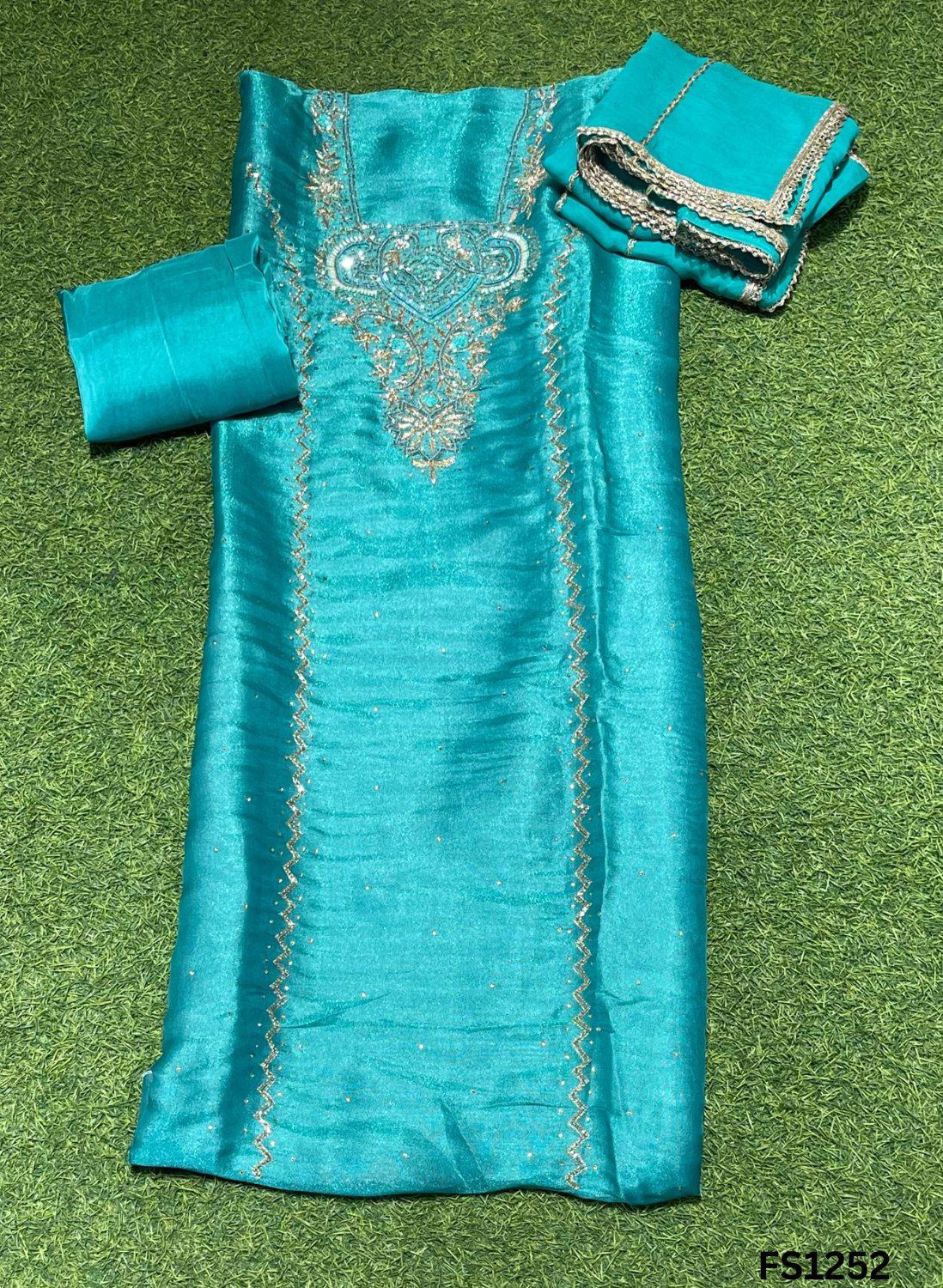 FS1252 | Firozi | Shimmer Suit | Party Wear | Wedding | Jaggo | Ring Ceremony | Festival