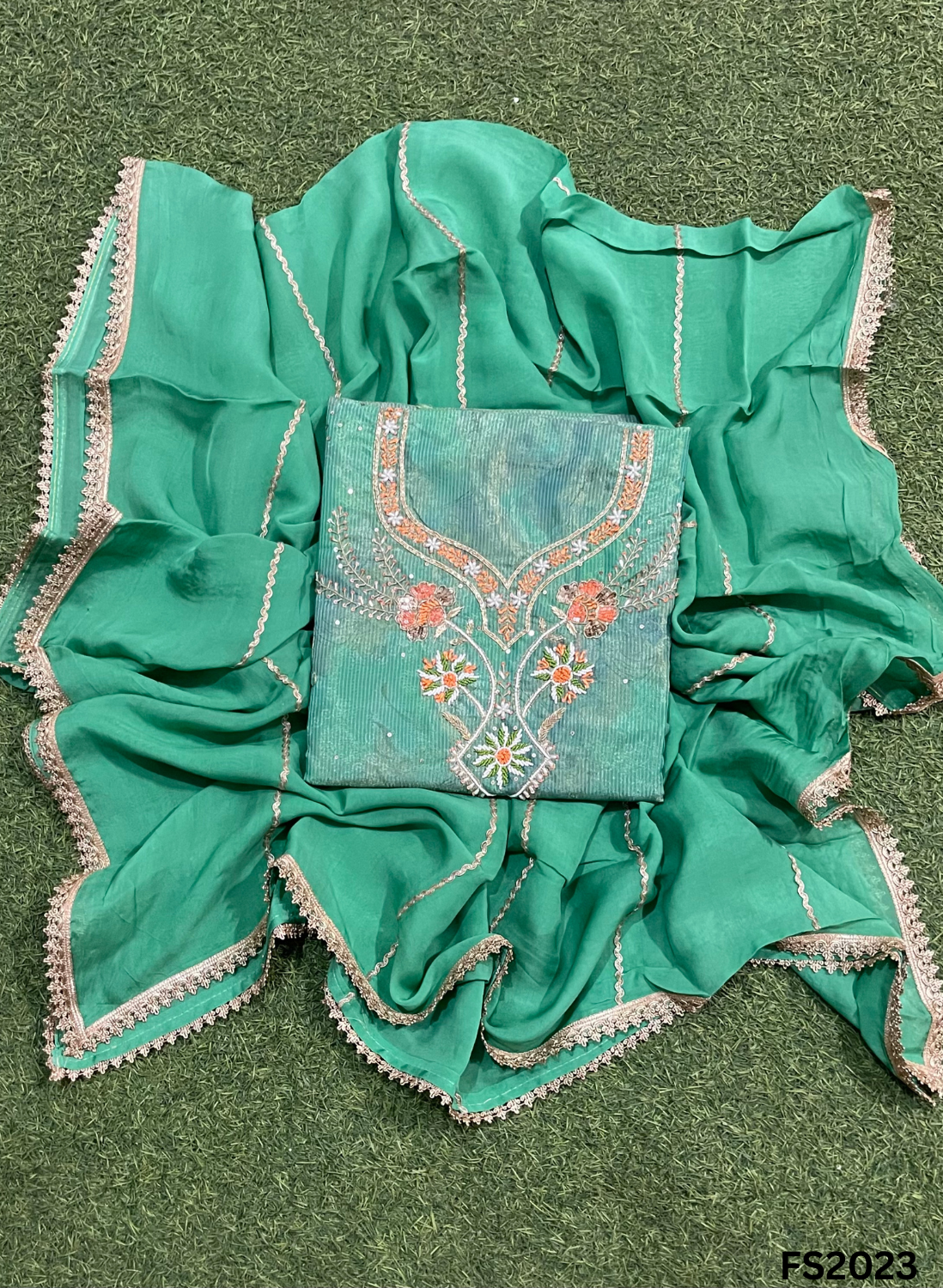 FS2023 | Sea-Green | Shimmer Suit | Party Wear | Wedding | Jaggo | Ring Ceremony | Festival