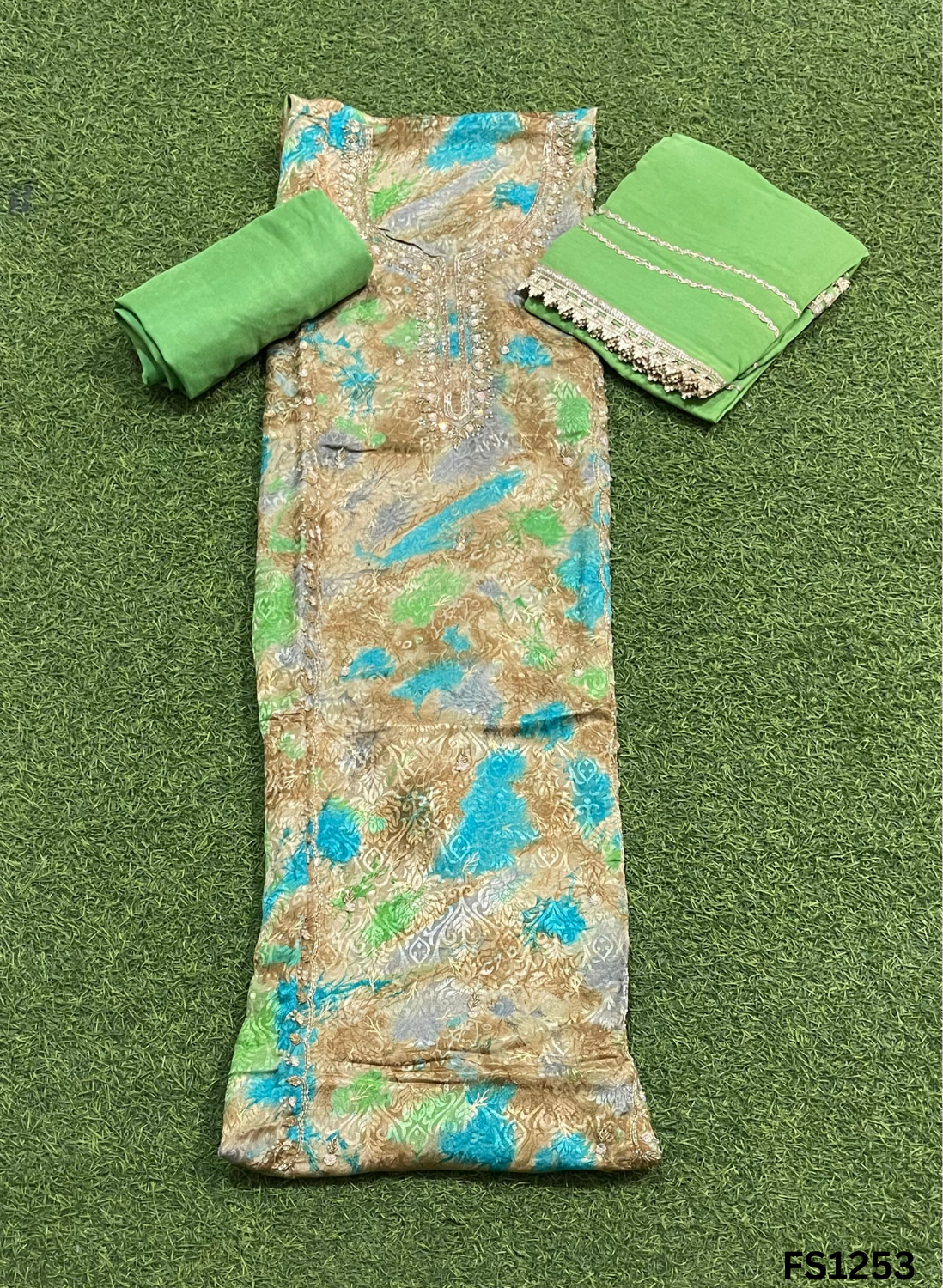 FS1253 | Green | Self-Print | Shimmer Suit | Party Wear | Wedding | Jaggo | Ring Ceremony | Festival