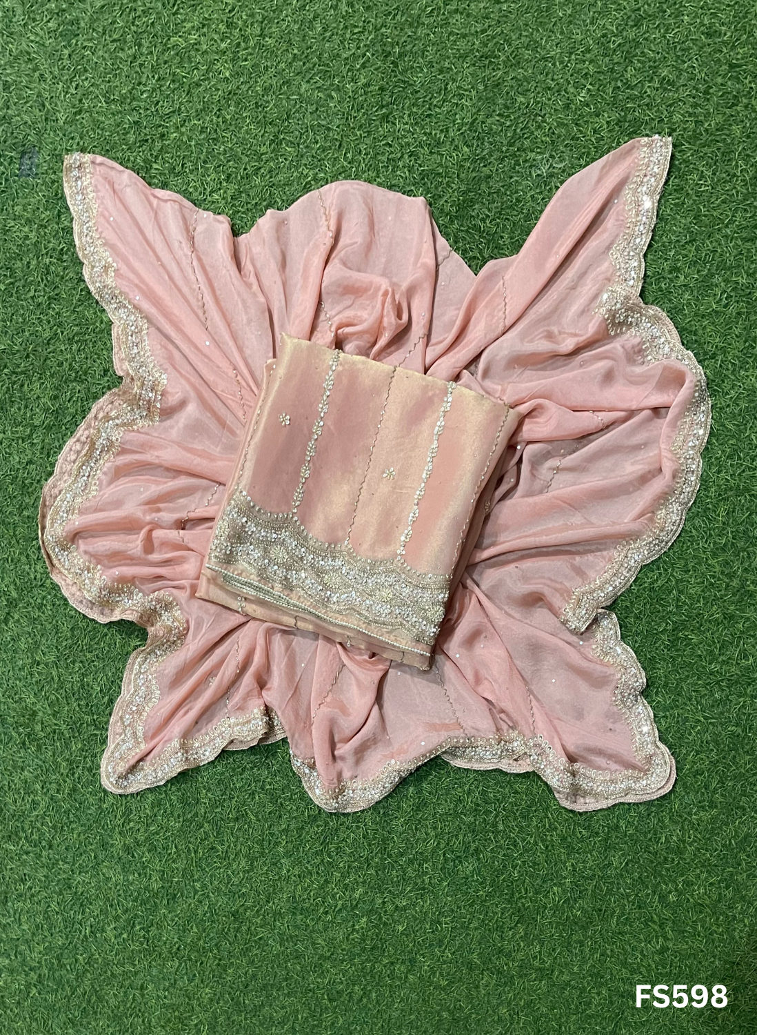 FS598 | Peach | Shimmer Suit | Party Wear | Wedding | Jaggo | Ring Ceremony | Festival