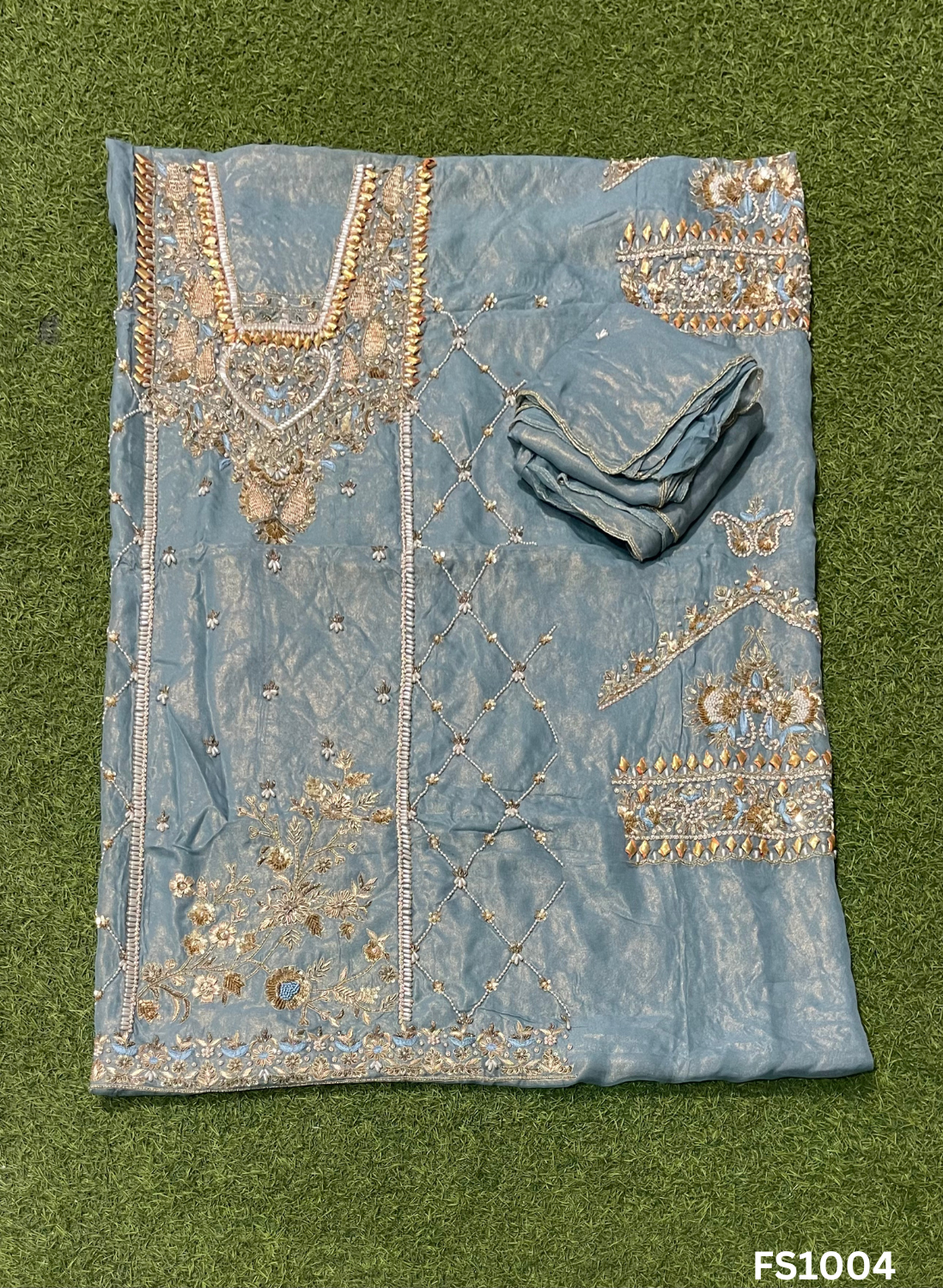 FS1004 |Sea-Green | Glass Organza Suit | Party Wear | Wedding | Jaggo | Ring Ceremony | Festival |