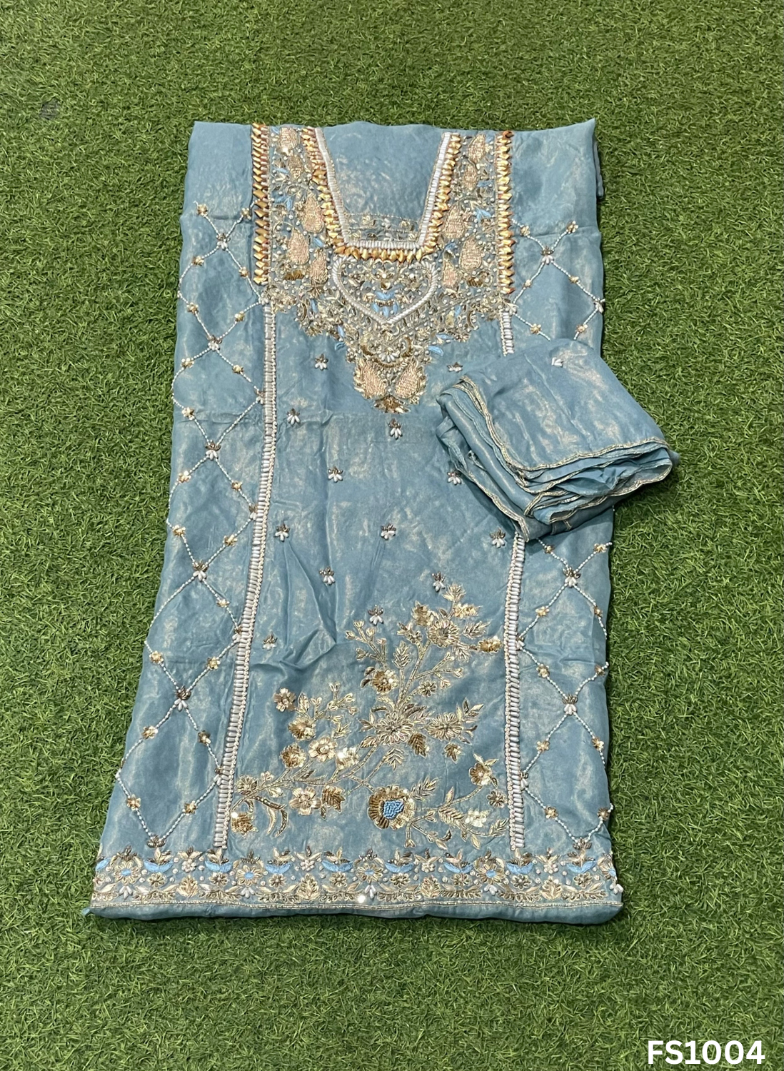 FS1004 |Sea-Green | Glass Organza Suit | Party Wear | Wedding | Jaggo | Ring Ceremony | Festival |