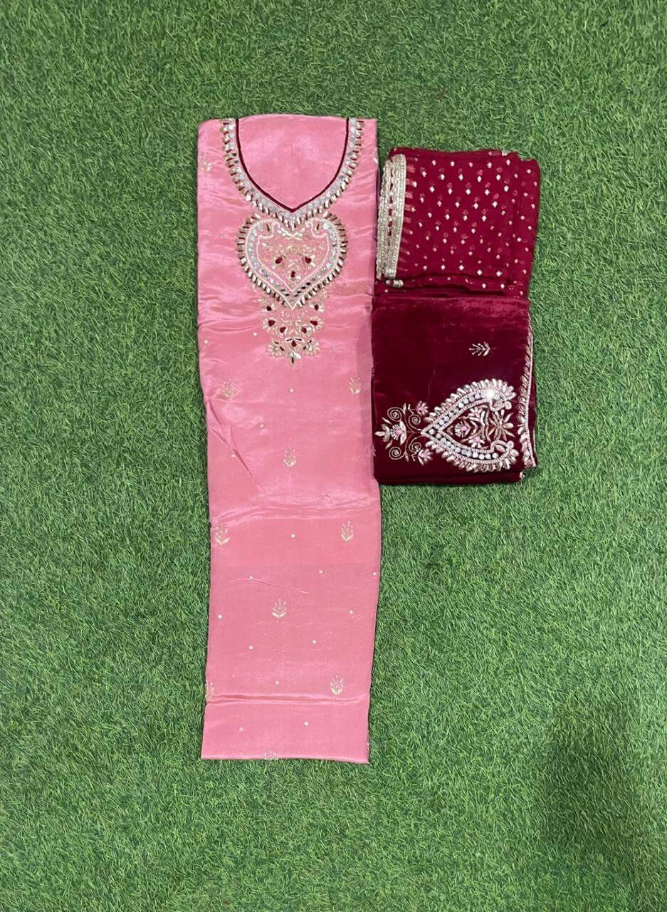 Peach Shimmer velvet Suit | Party Wear | Wedding | Jaggo | Ring Ceremony | Festival |