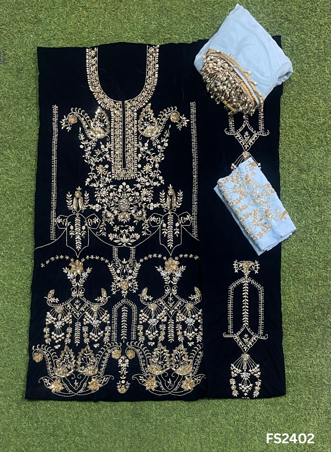 FS2402 | Navy-blue |velvet suit | Pure velvet | Wedding | Party Wear | Jaggo | Ring Ceremony | Festival | Allover