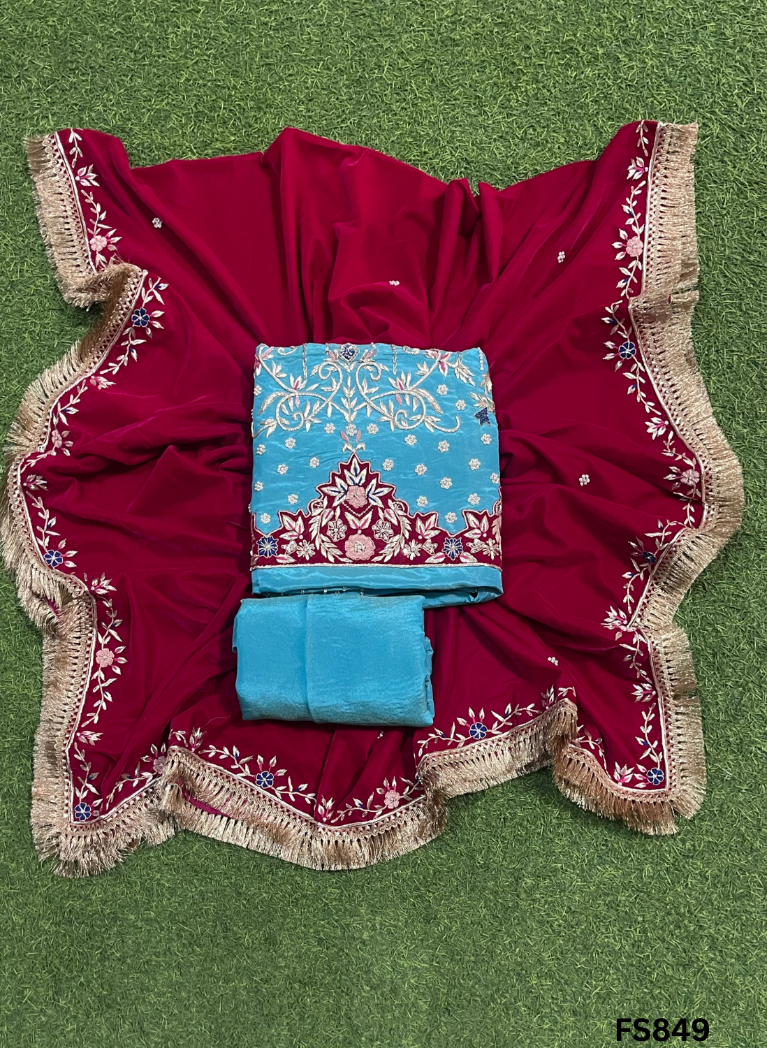 FS849 | Sky-Blue | Shimmer | Velvet suite | Pure velvet | Wedding | Party Wear | Jaggo | Ring Ceremony | Festival | FS436