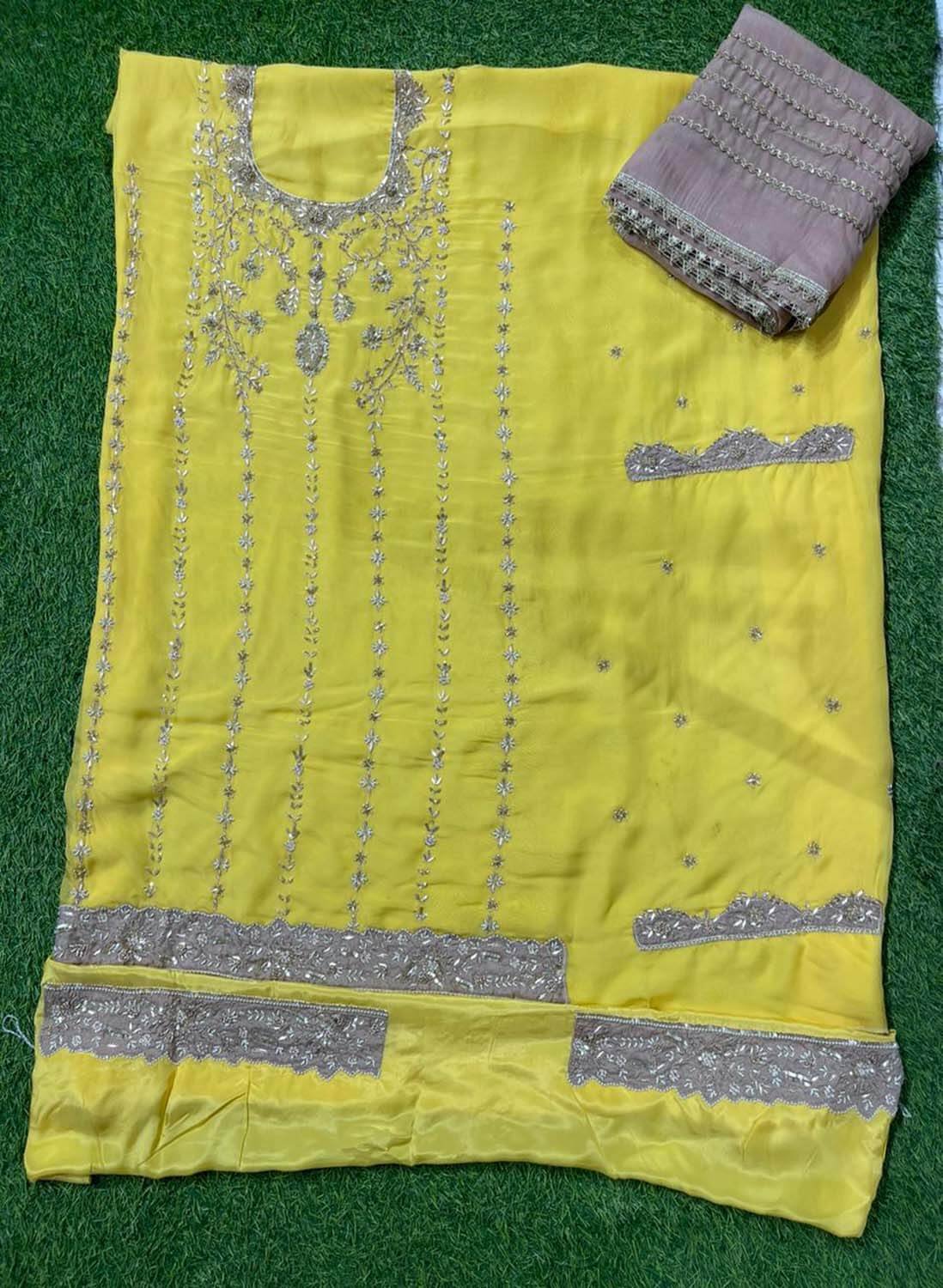 Yellow | Organza Suit | Party Wear | Wedding | Jaggo | Ring Ceremony | Festival|