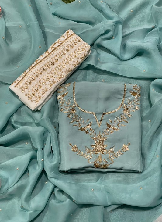 FS767 | Sky- Blue | Raw Silk Suit | Party Wear | Wedding | Jaggo | Festival |