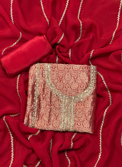 FS322 | Red  Banarasi Silk Suit| Party Wear | Wedding | Jaggo | Ring Ceremony | Festival