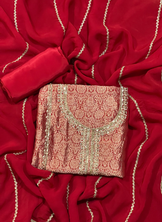FS322 | Red  Banarasi Silk Suit| Party Wear | Wedding | Jaggo | Ring Ceremony | Festival