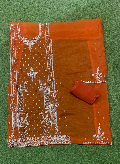 FS301 | Rust | Organza Suit| Party Wear | Wedding | Jaggo | Ring Ceremony | Festival |