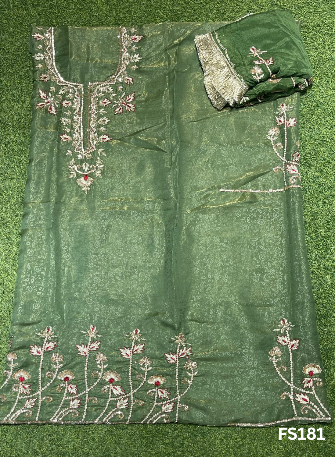 FS181 | Self Shimmer Green Suit | Party Wear | Wedding | Jaggo | Ring Ceremony | Festival | F9HFAA