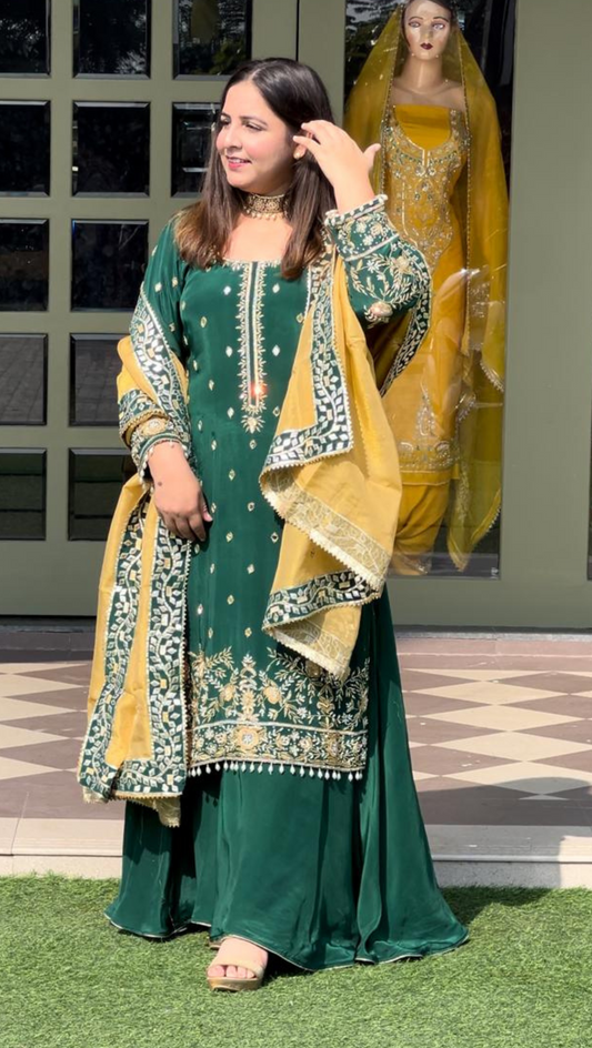 Bottle Green | Crepe Suit | Wedding | Party Wear | Ring Ceremony | Festival Suit | Allover suit | FS333