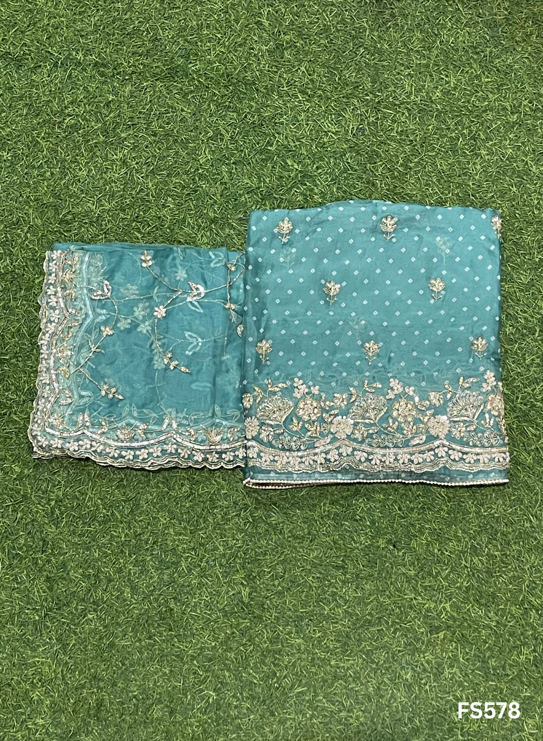 FS578 | Bandani print Organza Suit | Party Wear | Wedding | Jaggo | Ring Ceremony | Festival