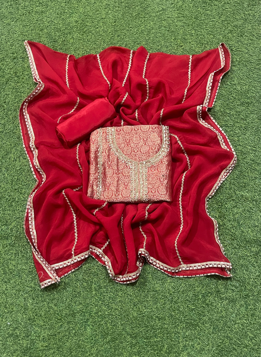 FS322 | Red  Banarasi Silk Suit| Party Wear | Wedding | Jaggo | Ring Ceremony | Festival
