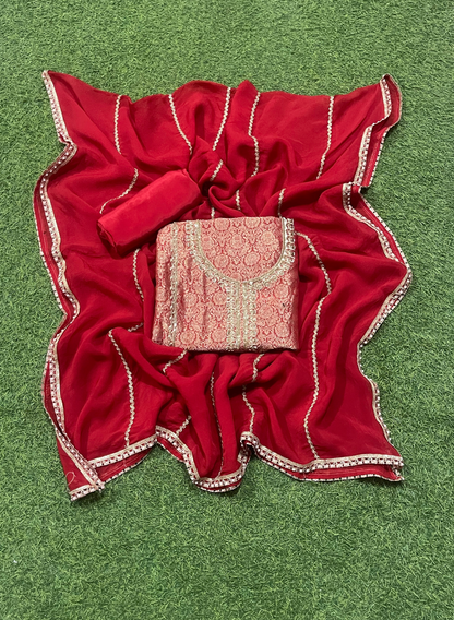 FS322 | Red  Banarasi Silk Suit| Party Wear | Wedding | Jaggo | Ring Ceremony | Festival