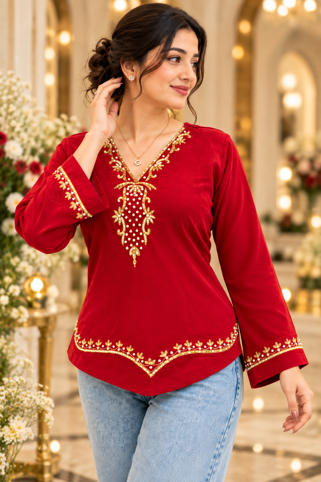 Maroon Georjett Handwork Top with Gold Embroidery | Punjabi Designer Top