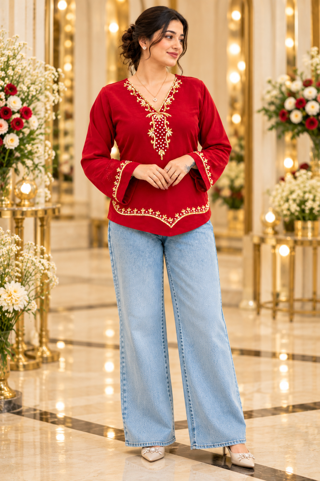 Maroon Georjett Handwork Top with Gold Embroidery | Punjabi Designer Top