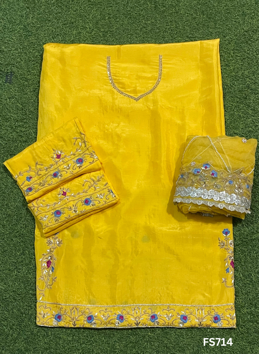 FS714 | Yellow | Satin Crepe  Suit | Party Wear | Wedding | Jaggo | Festival