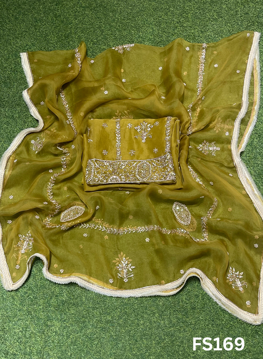 FS169 | Green | Organza Suit| Party Wear | Wedding | Jaggo | Ring Ceremony | Festival | F9BCAAA
