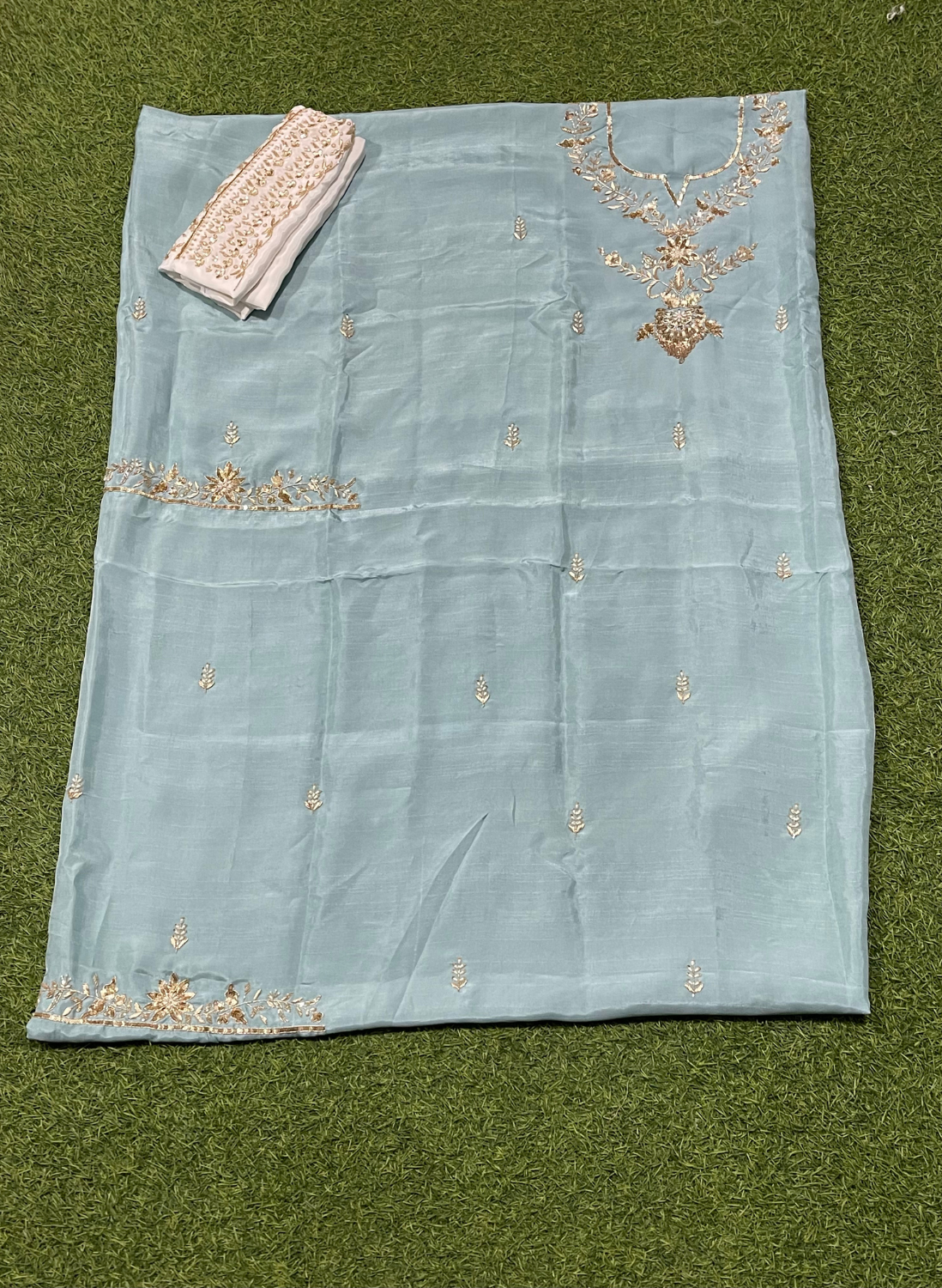 FS767 | Sky- Blue | Raw Silk Suit | Party Wear | Wedding | Jaggo | Festival |
