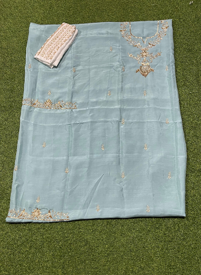 FS767 | Sky- Blue | Raw Silk Suit | Party Wear | Wedding | Jaggo | Festival |