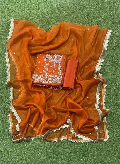 FS301 | Rust | Organza Suit| Party Wear | Wedding | Jaggo | Ring Ceremony | Festival |