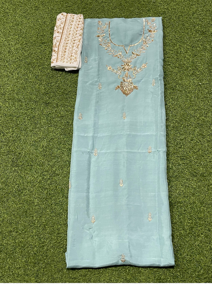 FS767 | Sky- Blue | Raw Silk Suit | Party Wear | Wedding | Jaggo | Festival |