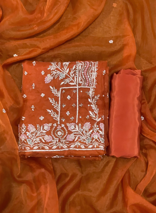 FS301 | Rust | Organza Suit| Party Wear | Wedding | Jaggo | Ring Ceremony | Festival |