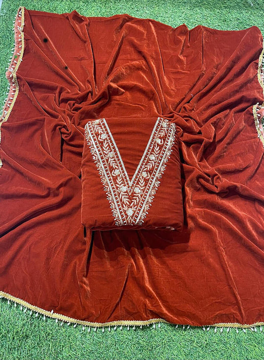 Rust velvet  suite | Pure velvet | Wedding | Party Wear | Jaggo | Ring Ceremony | Festival| FS322