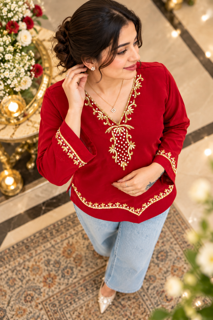Maroon Georjett Handwork Top with Gold Embroidery | Punjabi Designer Top