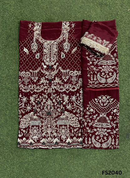 FS2040 | Mehroon | Crepe Suit | Hand-Work | Party Wear | Wedding | Ring Ceremony | Festival | Bridal Suit
