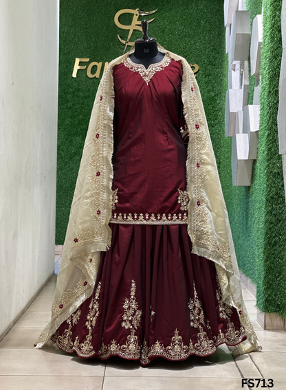 FS713 | Mehroon |  Cross Silk | Kurti Lehnga | Party Wear | Wedding | Jaggo | Ring Ceremony | Festival