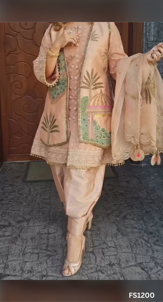 FS1200 | Baby-pink | Jacket style | Raw Sik Suit | Party Wear | Wedding | Jaggo | Ring Ceremony | Festival