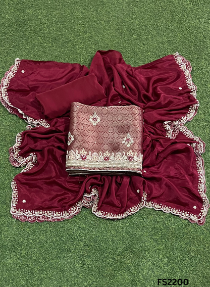 FS2200 | Mehroon | Banarsi Shimmer Suit | Party Wear | Wedding | Jaggo | Ring Ceremony | Festival
