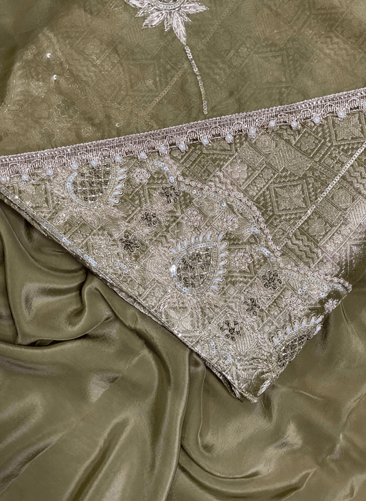 | Mehandi | Banarsi Silk Suit | Party Wear | Wedding | Ring Ceremony | Festival | Bridal| F9FFAA