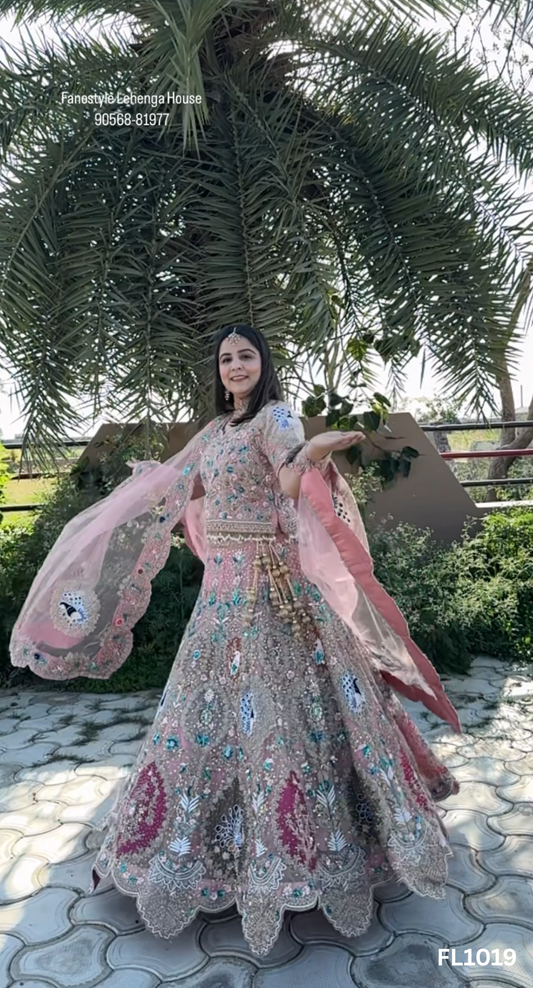 FL1019 | Baby-Pink | Net | Bridal Lehenga | Net | Hand Embroidery | Wedding Day | Designer Bridal Lehenga