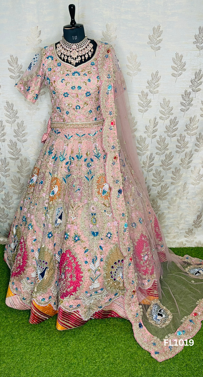 FL1019 | Baby-Pink | Net | Bridal Lehenga | Net | Hand Embroidery | Wedding Day | Designer Bridal Lehenga