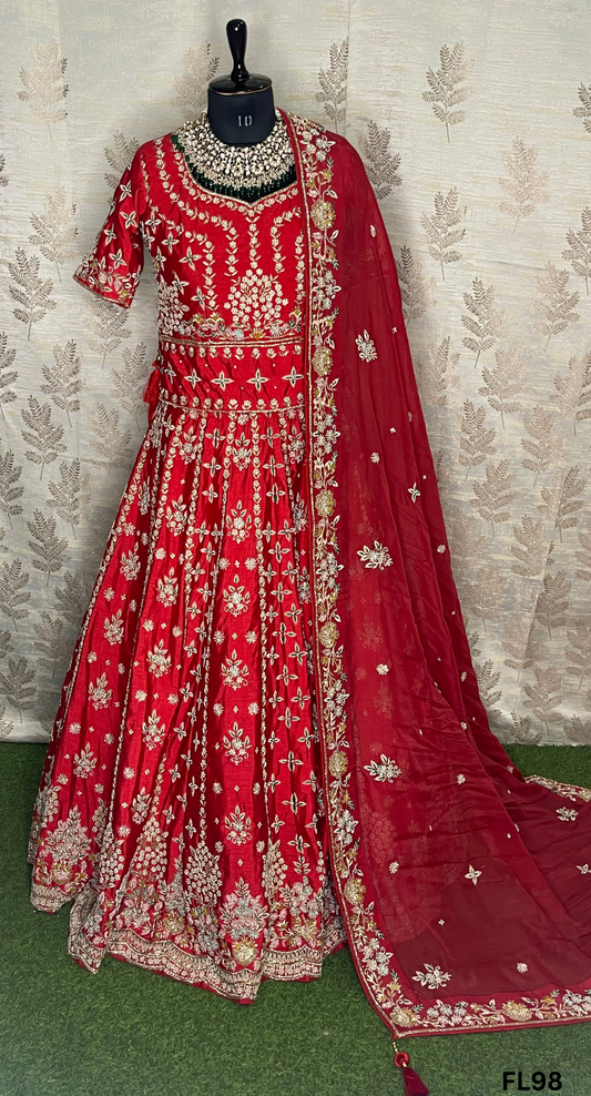 FL98 | Bridal Lehenga | Raw-Silk | Hand Embroidery | Wedding Day | Designer Bridal Lehenga |