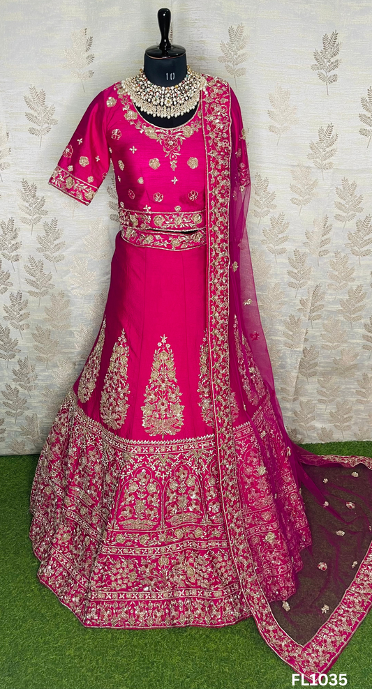 FL1035| Hot-Pink | Bridal Lehenga | Raw-Silk | Hand Embroidery | Wedding Day | Designer Bridal Lehenga |