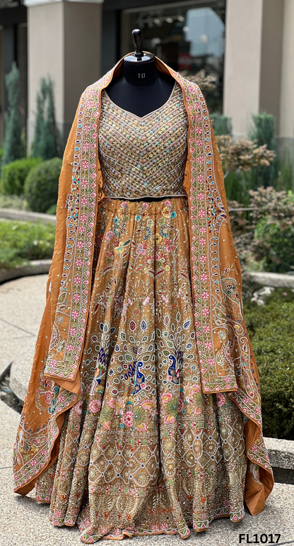 FL1017 | Rust | Bridal Lehenga | Shimmer | Hand Embroidery | Wedding Day | Designer Bridal Lehenga