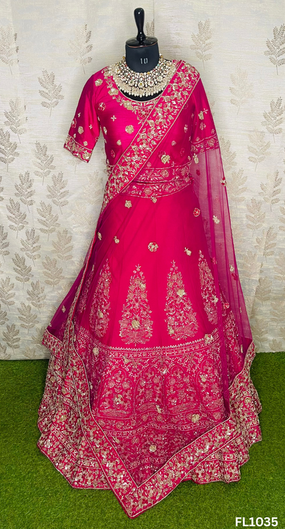 FL1035| Hot-Pink | Bridal Lehenga | Raw-Silk | Hand Embroidery | Wedding Day | Designer Bridal Lehenga |