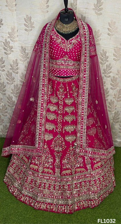 FL1032 | Hot-Pink | Bridal Lehenga | Raw-Silk | Hand Embroidery | Wedding Day | Designer Bridal Lehenga |